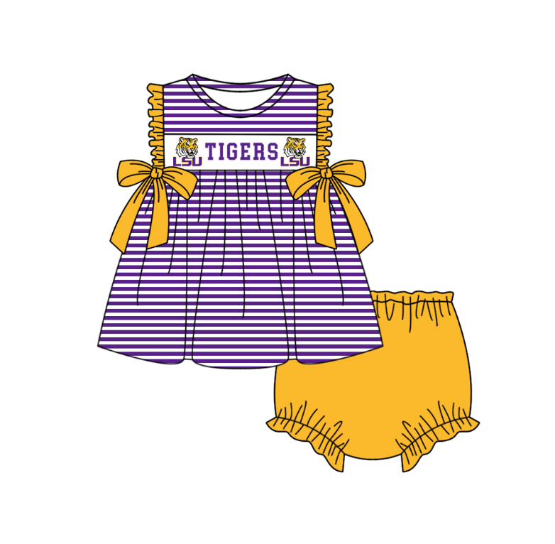 (Custom Design Preorder MOQ 5 Each Item) Team's LSU Tigers Print Kids Summer Matching Clothes Sibling Wear