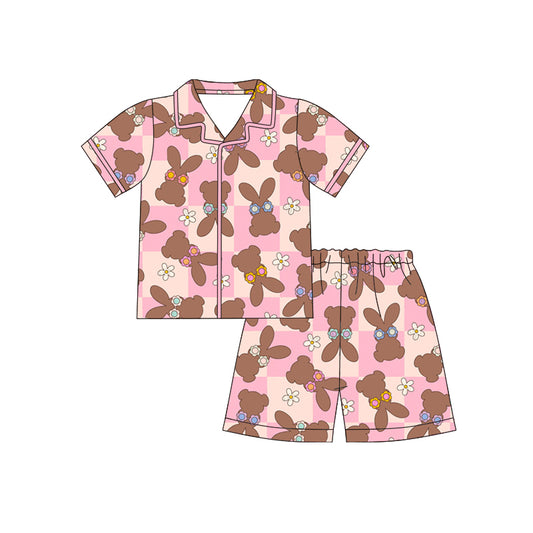 12.10 (Custom Design Preorder MOQ 5) Bunny Flowers Plaid Print Girls Easter Buttons Pajamas Clothes Set