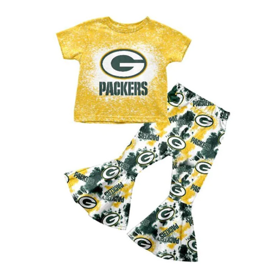 (Custom Design MOQ 5) Yellow Top Bell Pants Football Team's Girls Clothes Set