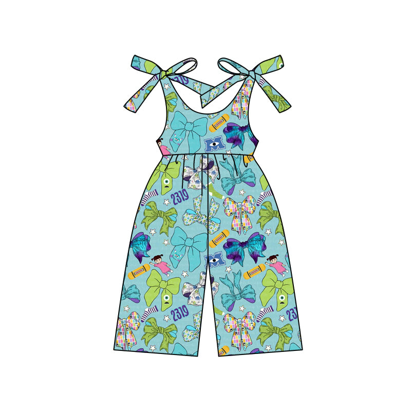 12.30(Custom Design Preorder MOQ 5) Cartoon Monster Bows Pen Print Girls Back to School Jumpsuits