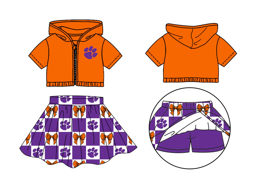 (Custom Design Preorder MOQ 5 Each Color) Team's Purple Paw Bows Plaid Print Girls Summer Clothes Sisters Matching Wear
