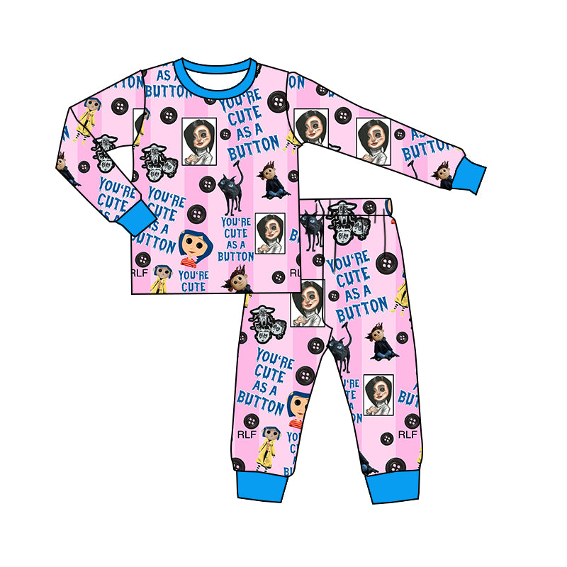 (Custom Design Preorder MOQ 5) Cartoon Coraline Pink Print Girls Halloween Pajamas Clothes Set