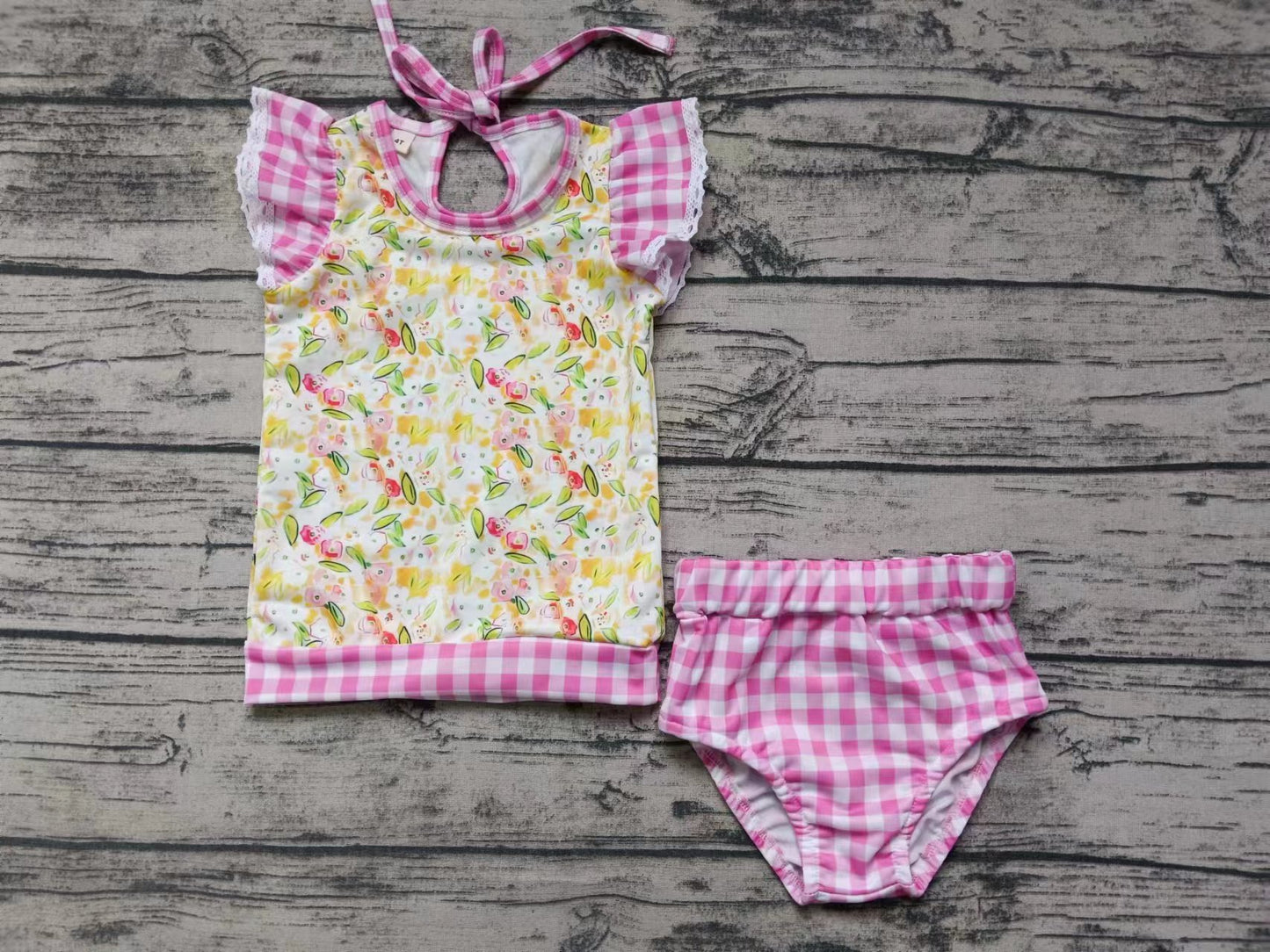 (Custom Design Preorder MOQ 5)  Flowers Pink Plaid Print Girls 2 Pieces Swimsuits