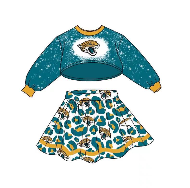 (Custom Design MOQ 5) Dark Green Long Sleeve Top Leopard Skirts Girls Football Team's Clothes Set