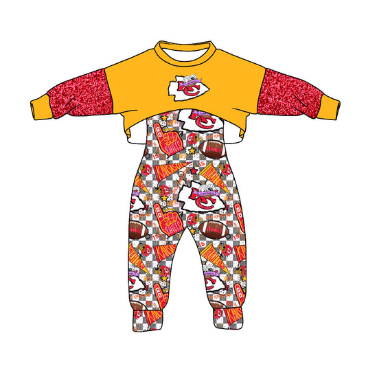 (Custom Design Preorder MOQ 5) Yellow Top Team's KC Jumpsuits Girls Fall Clothes Set