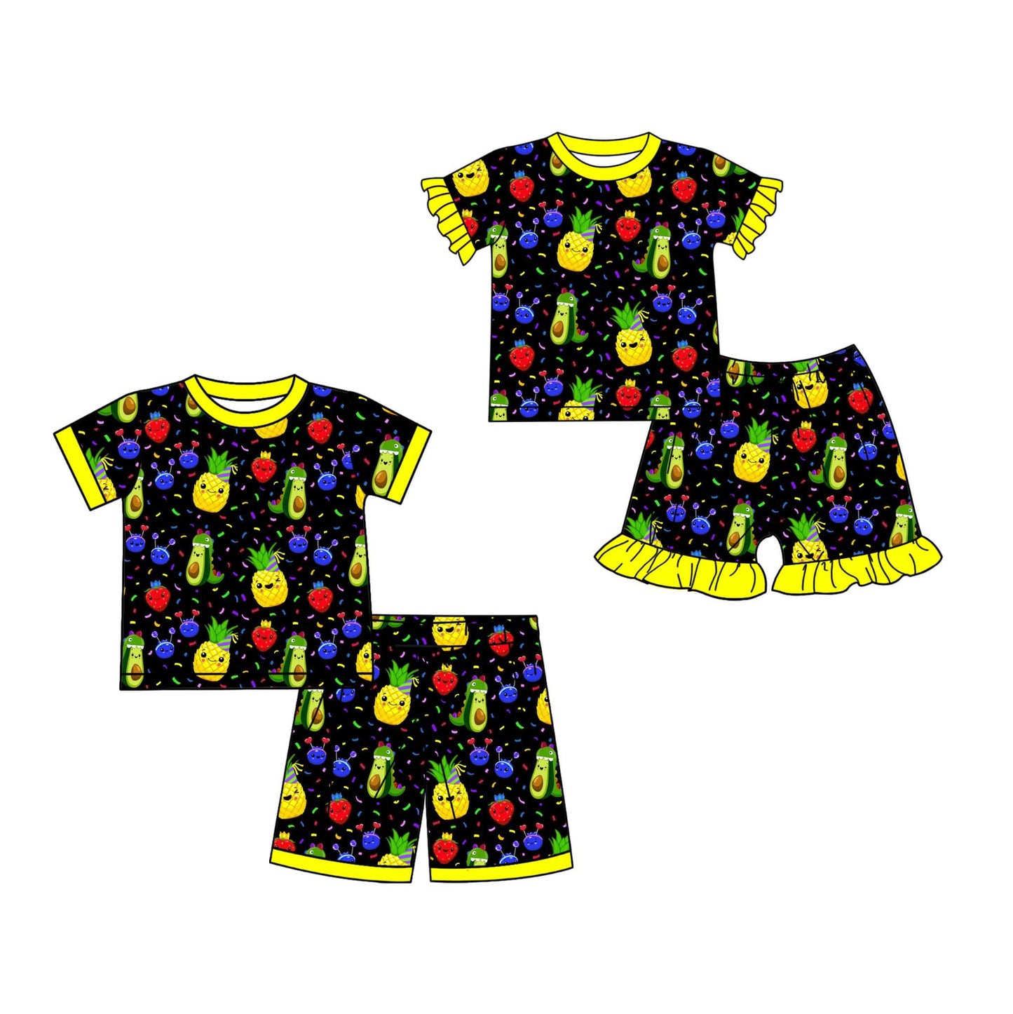 (Custom Design Preorder MOQ 5 Each Design)   Fruits Print Kids Summer Pajamas Matching Clothes Sibling Wear