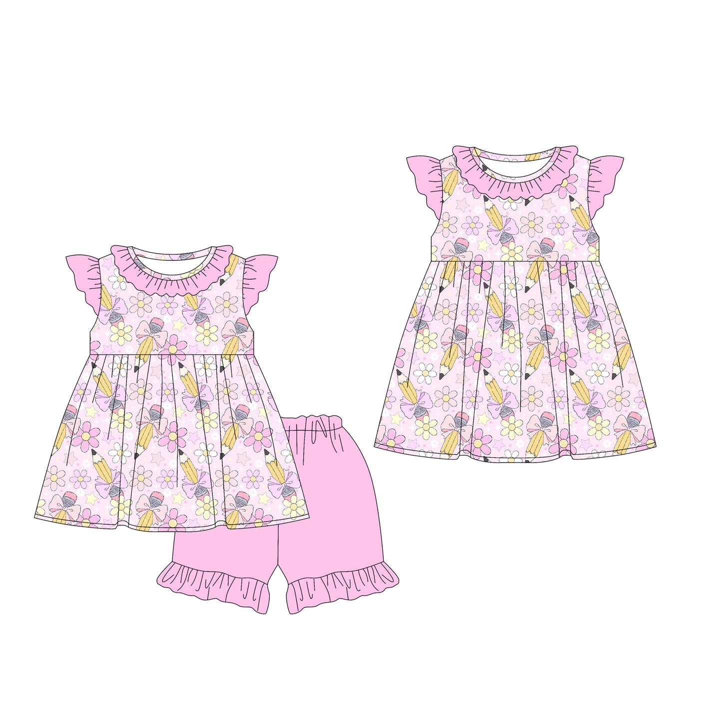 12.24 (Custom Design Preorder MOQ 5 Each Design) Pen Flowers Bows Print Girls Back to School Matching Clothes Sisters Wear