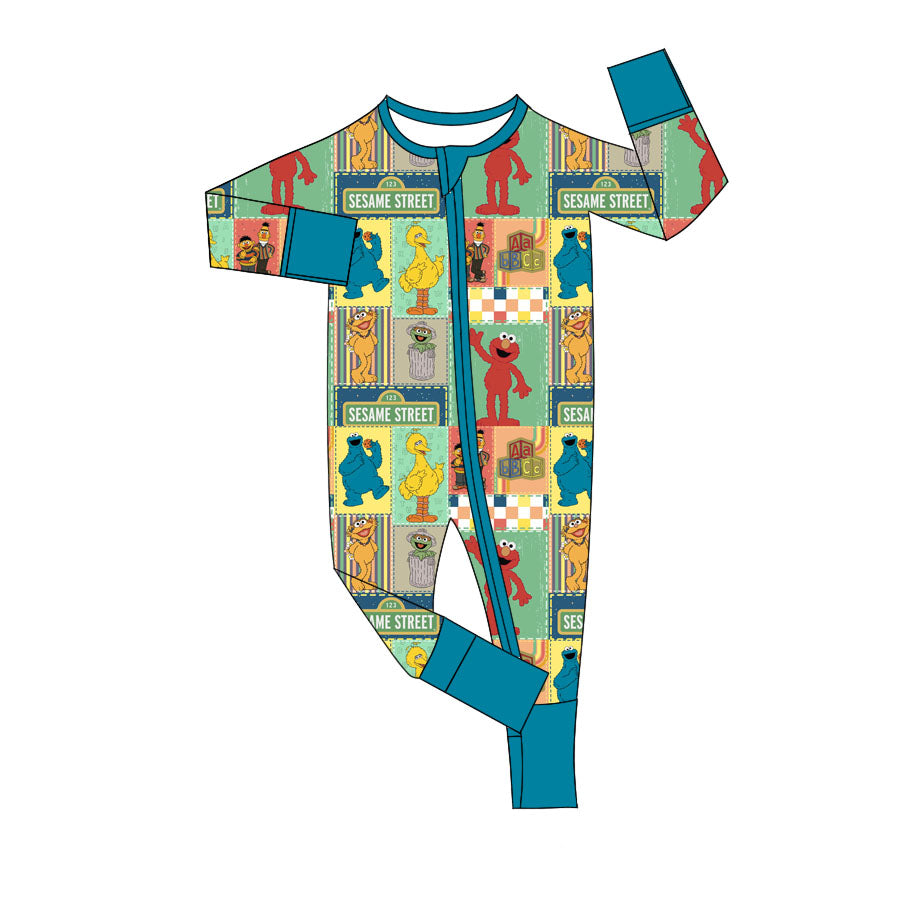 (Custom Design Preorder MOQ 5)  Catoon Street Blue Print Baby Bamboo Fall Sleeper Zipper Romper