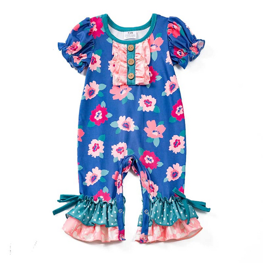 (Custom Design Preorder MOQ 5) Blue Flowers Print Baby Girls Summer Romper