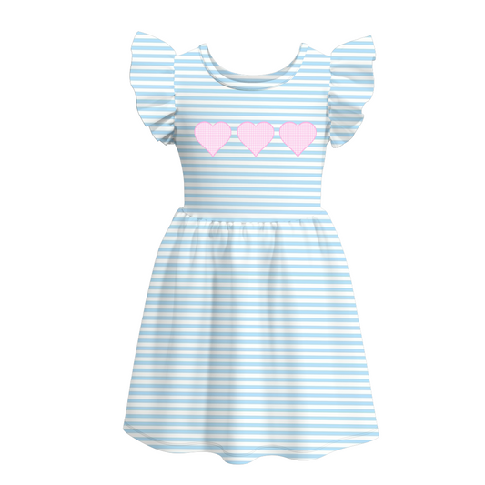 (Custom Design Preorder MOQ 5) Pink Heart Blue Stripes Print Girls Knee Length Summer Dress