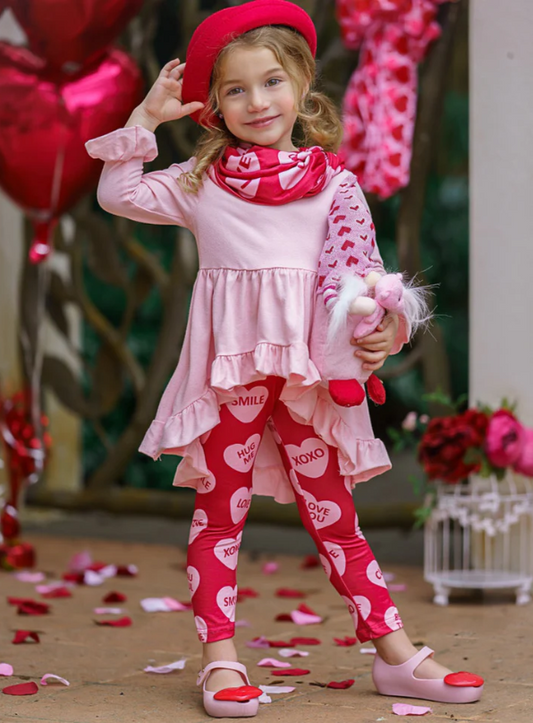 (Custom Design Preorder MOQ 5)  Pink Tunic Top XOXO Heart Legging Pants Girls 3 Pieces Valentine's Clothes set