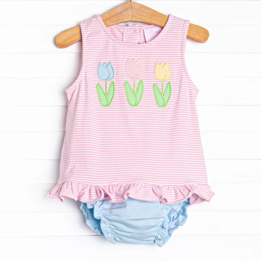 (Custom Design Preorder MOQ 5) Flowers Pink Stripes Top Blue Shorts Baby Girls Summer Bummie Set
