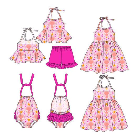 1.4(Custom Design Preorder MOQ 5 Each Design) Shell Pink Print Girls Summer Matching Clothes Sisters Wear
