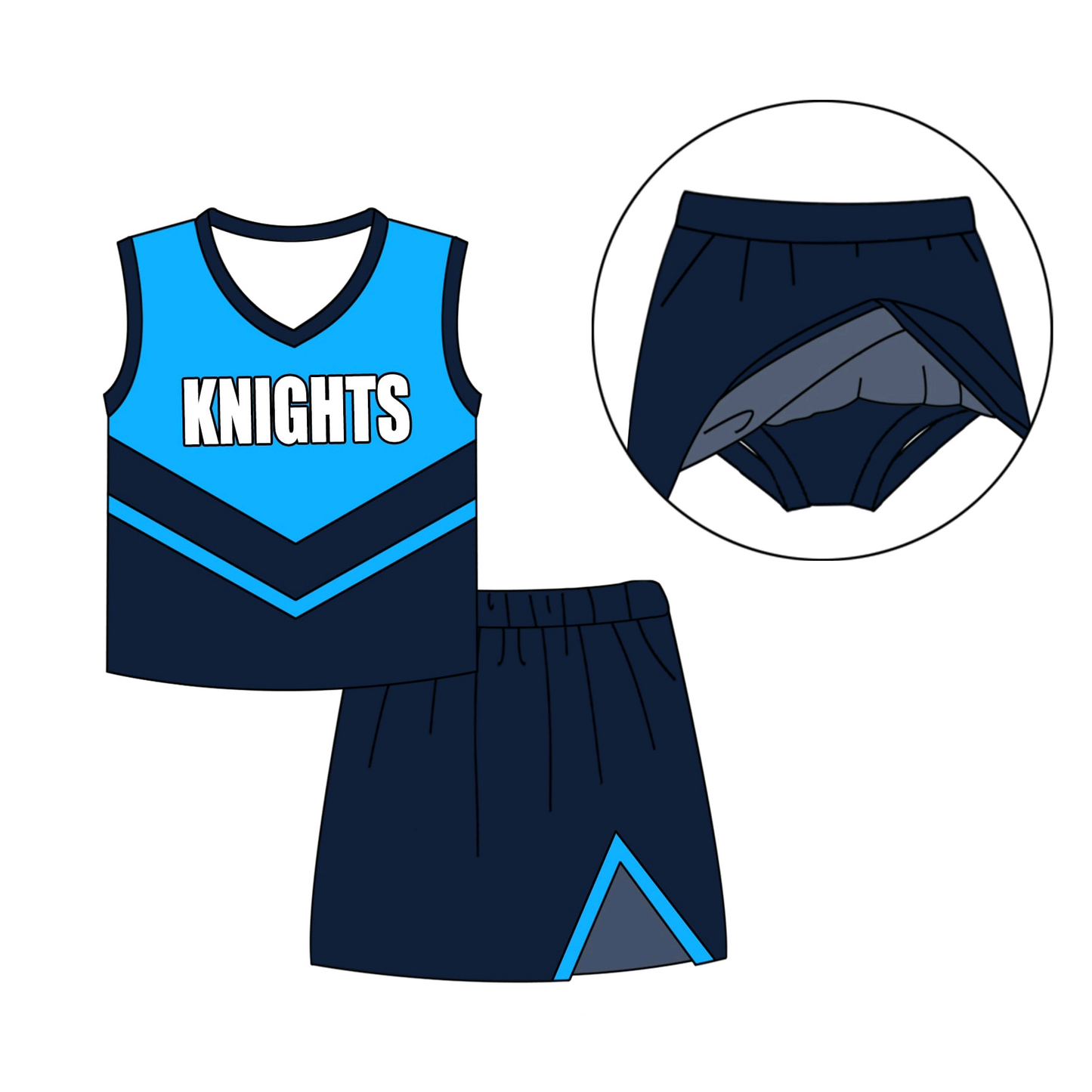 (Custom Design Preorder MOQ 5) Team's KNIGHTS Top Navy Skirts Shorts Girls Clothes Sets