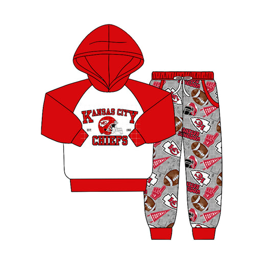 (Custom Design Preorder MOQ 5) Team's KC Red Hoodie Top Pockets Gray Pants Boys Fall Clothes Set