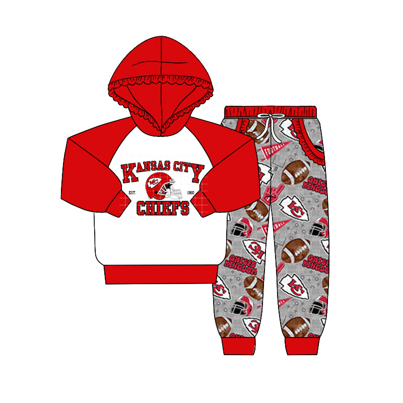 (Custom Design Preorder MOQ 5) Team's KC Red Hoodie Top Pockets Gray Pants Girls Fall Clothes Set