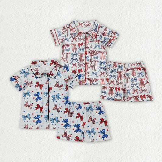 Bows Stars Print Girls 4th of July Buttons Pajamas Clothes Set Sisters Wear