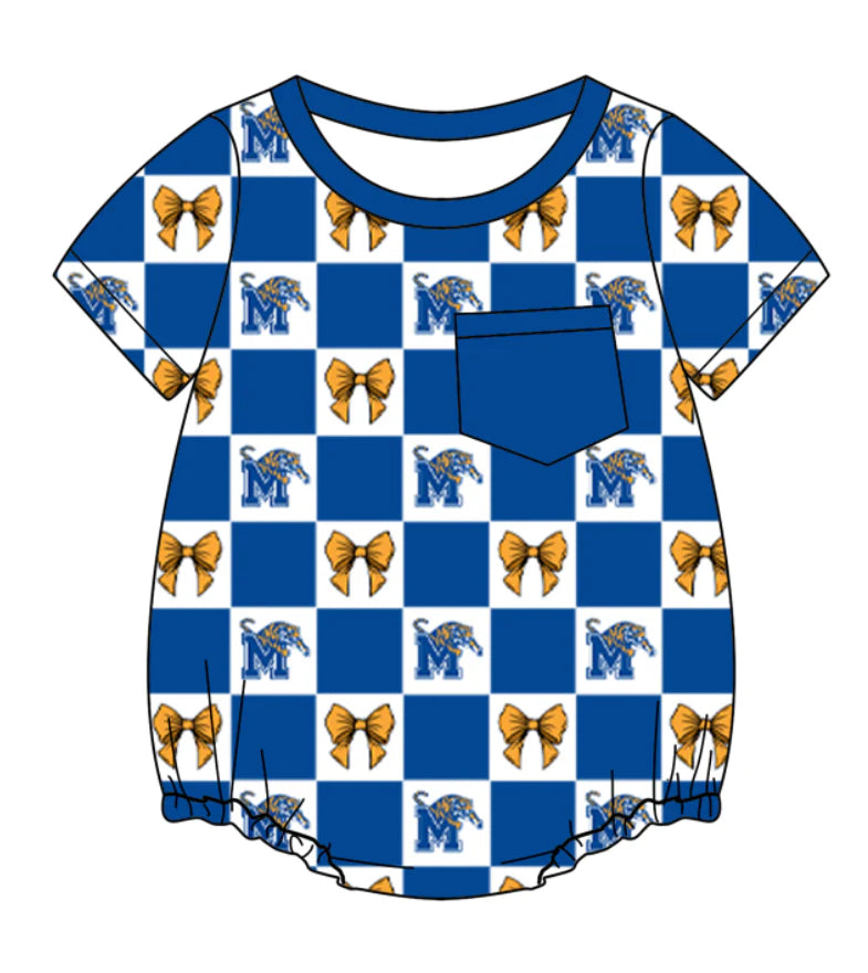 (Custom Design Preorder MOQ 5) Team's Memphis Tigers Bows Plaid Print Baby Boys Summer Romper