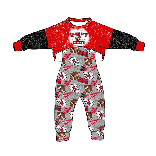 (Custom Design Preorder MOQ 5) Red Top Team's KC Gray Jumpsuits Girls Fall Clothes Set