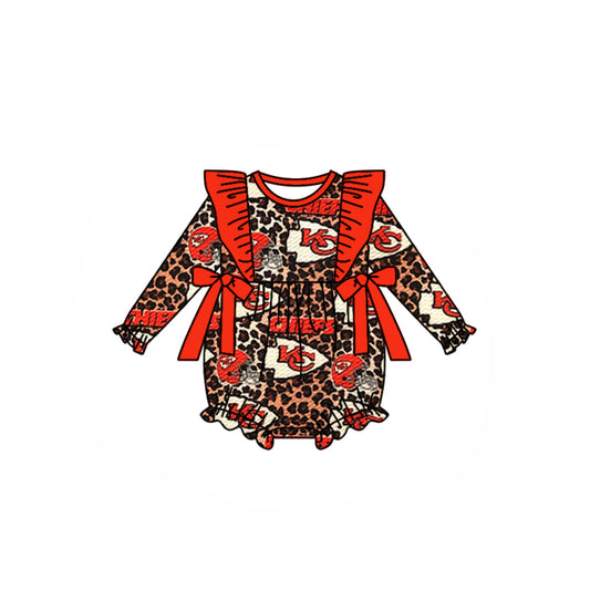 (Custom Design Preorder MOQ 5) Team's KC Leopard Print Baby Girls Fall Romper