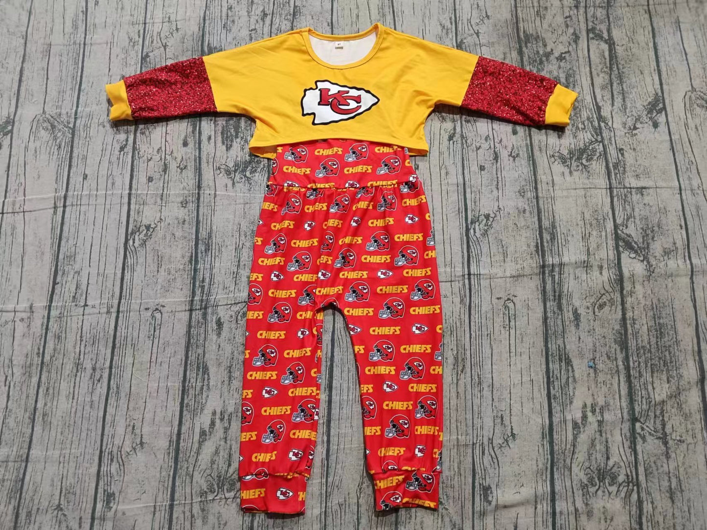 (Custom Design Preorder MOQ 5) Team's CHIEFS Print Jumpsuits Girls Fall Clothes Set