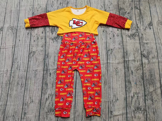 (Custom Design Preorder MOQ 5) Team's CHIEFS Print Jumpsuits Girls Fall Clothes Set