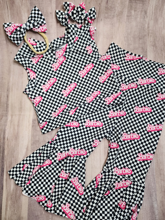 (Custom Design Preorder MOQ 5) Pink BA Black Plaid Print Sleeveless Top Girls Clothes Set