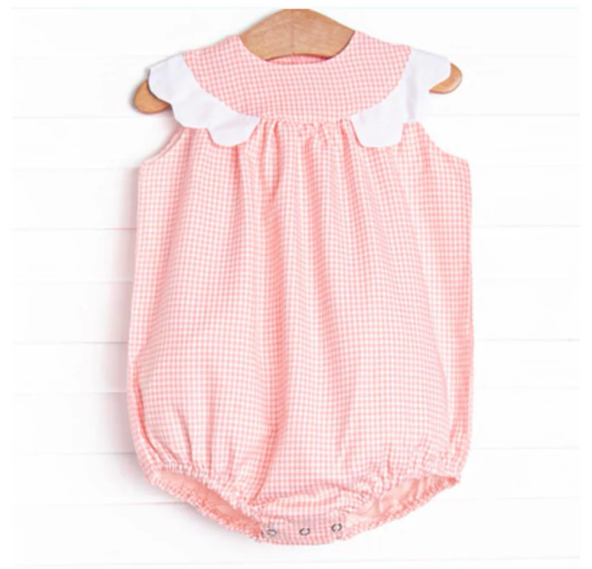 (Custom Design Preorder MOQ 5) Pink Plaid Print Baby Girls Summer Bubble Romper