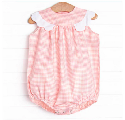 (Custom Design Preorder MOQ 5) Pink Plaid Print Baby Girls Summer Bubble Romper
