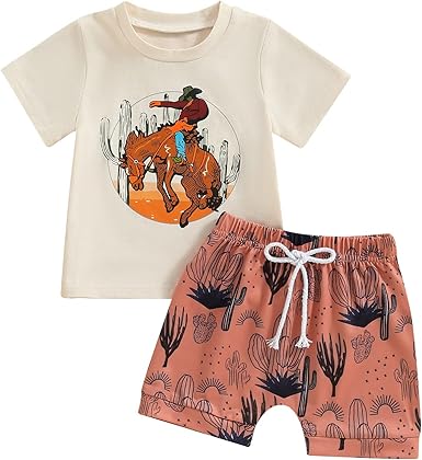 (Custom Design Preorder MOQ 5) Rodeo Top Brown Shorts Boys Summer Western Clothes Set