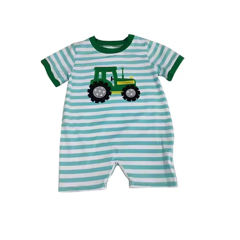 (Custom Design Preorder MOQ 5) Tractor Print Baby Boys Summer Romper