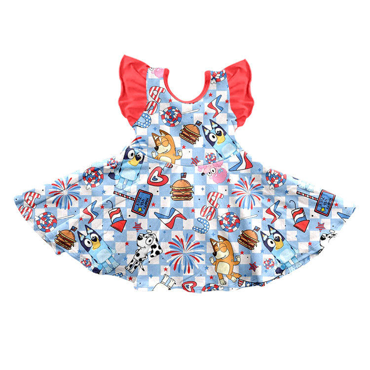 (Custom Design Preorder MOQ 5) Cartoon Dog Print Girls 4th of July Dress
