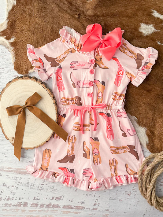 (Custom Design Preorder MOQ 5) Boots Pink Western Print Girls Summer Jumpsuits