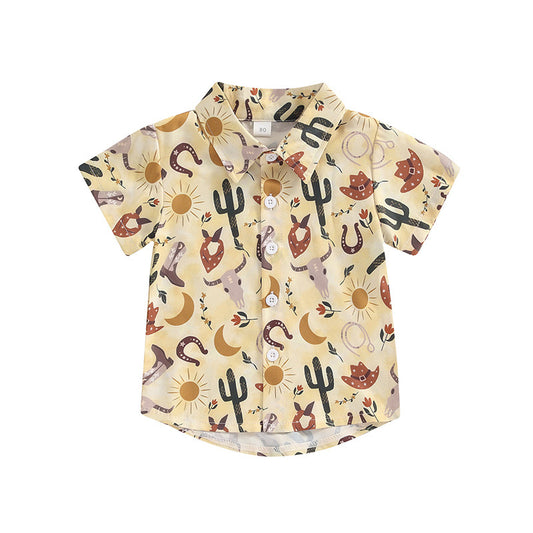 (Custom Design Preorder MOQ 5)  Cow Skull Cactus Print Boys Tee Shirts Top