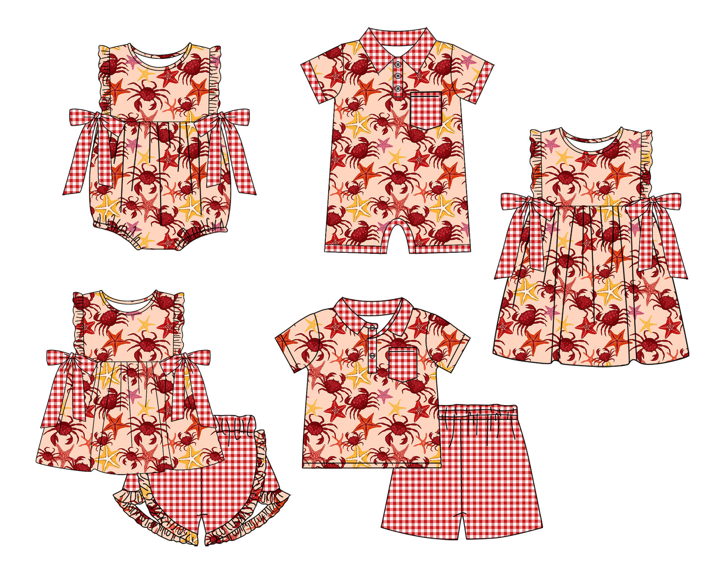 12.11(Custom Design Preorder MOQ 5 Each Design) Crab Stars Red Print Kids Summer Matching Clothes Sibling Wear