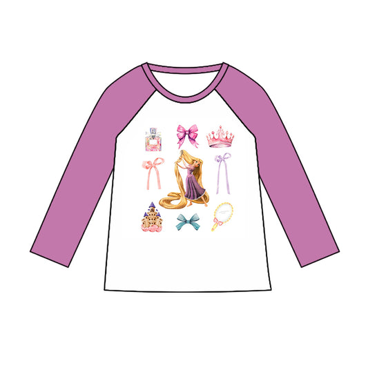 (Custom Design Preorder MOQ 5) Cartoon Princess Purple Print Girls Tee Shirts Top