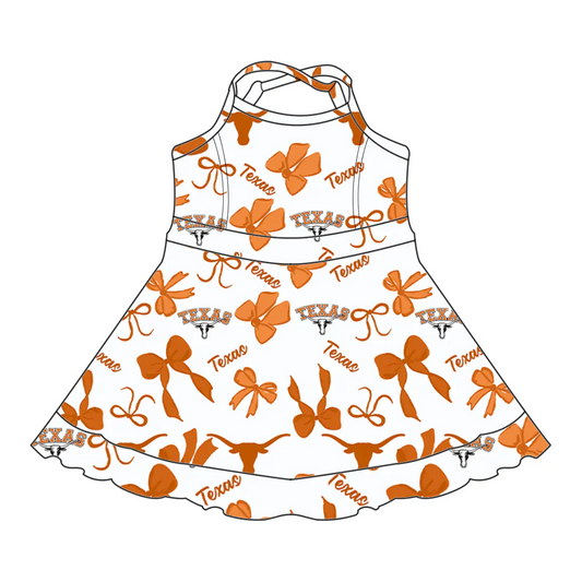 (Custom Design Preorder MOQ 5 ) Team's TEXAS Orange Bows Print Shorts Skirts Girls Summer Yoga Dress
