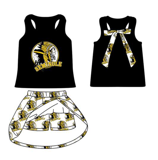 (Custom Design Preorder MOQ 5 ) Team's SEMINOLE Black Print Skirts Girls Summer Clothes Set
