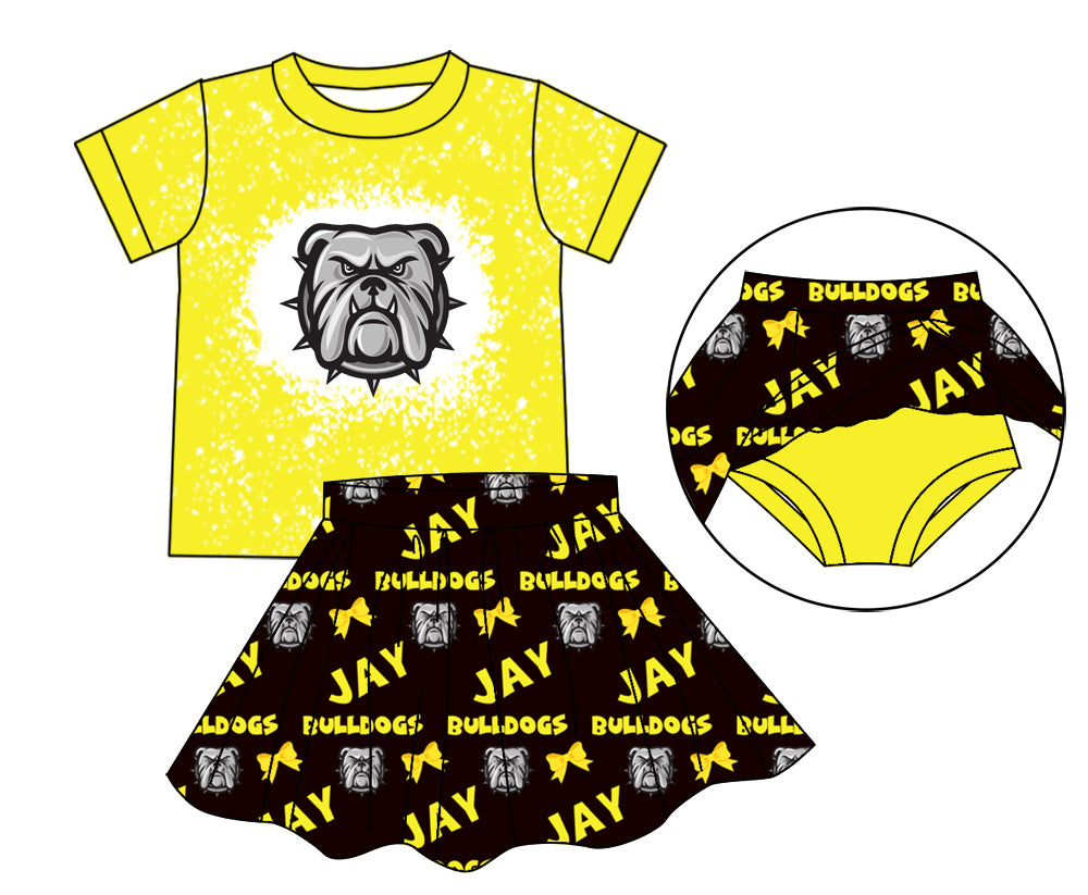 (Custom Design Preorder MOQ 5)  Team's BULLDOGS Print Yellow Top Black Shorts Skirts Girls Summer Clothes Set