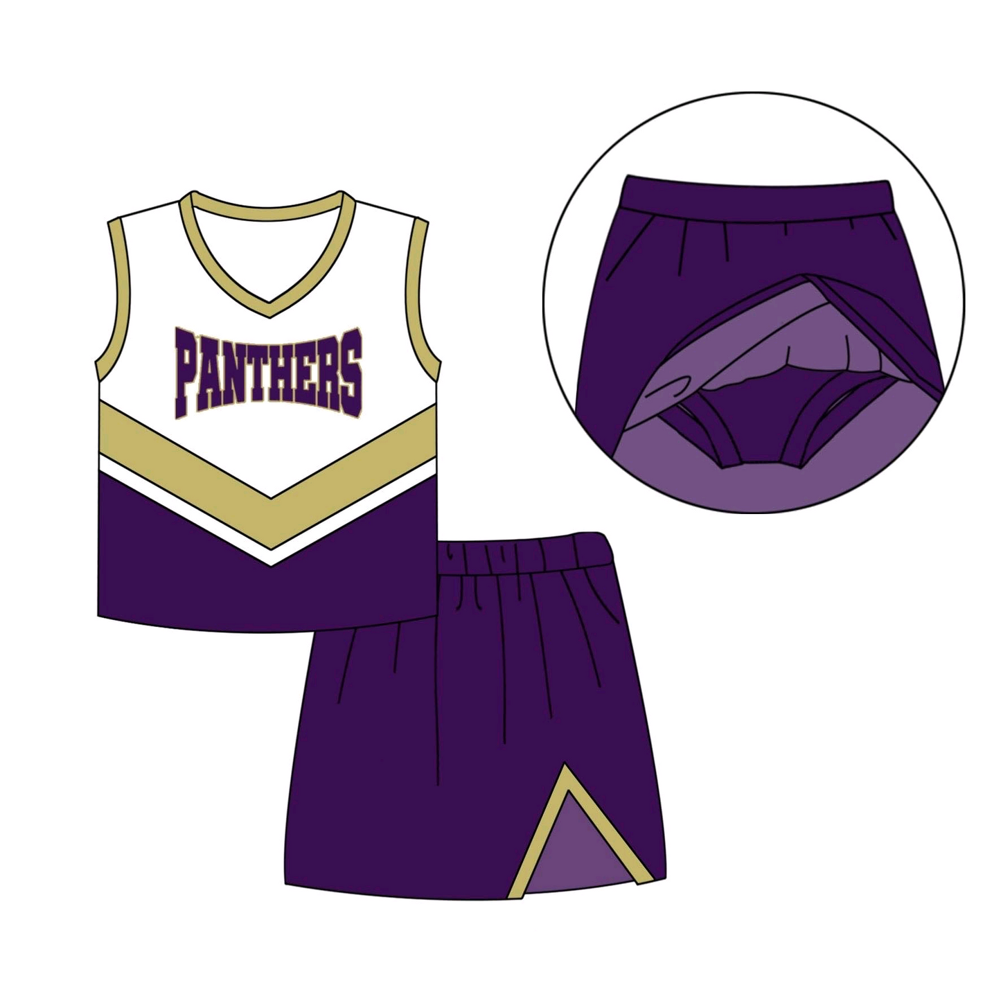 (Custom Design Preorder MOQ 5) Team's PANTHERS Top Purple Skirts Shorts Girls Clothes Sets
