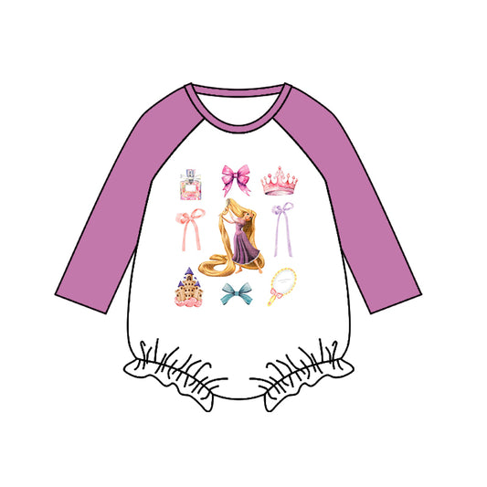 (Custom Design Preorder MOQ 5) Cartoon Princess Purple Print Baby Girls Romper