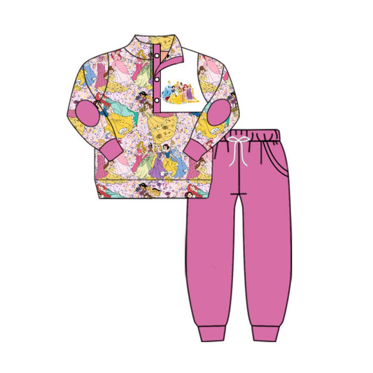 (Custom Design Preorder MOQ 5) Cartoon princess pink print button pullover shirts pants girls fall clothes set