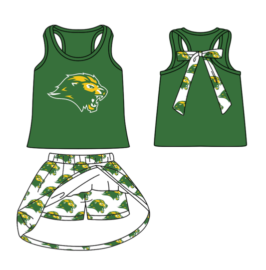 (Custom Design Preorder MOQ 5 ) Team's Lion Green Print Skirts Girls Summer Clothes Set