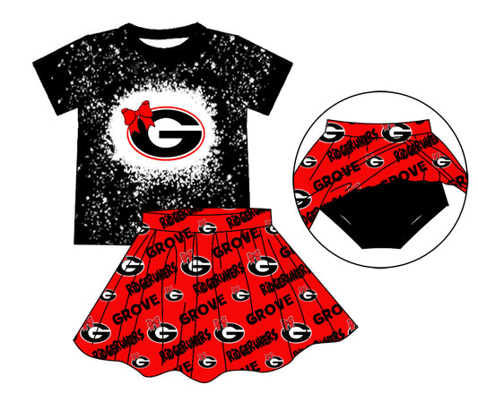 (Custom Design Preorder MOQ 5)  Team's GROVE Print Black Top Red Shorts Skirts Girls Summer Clothes Set