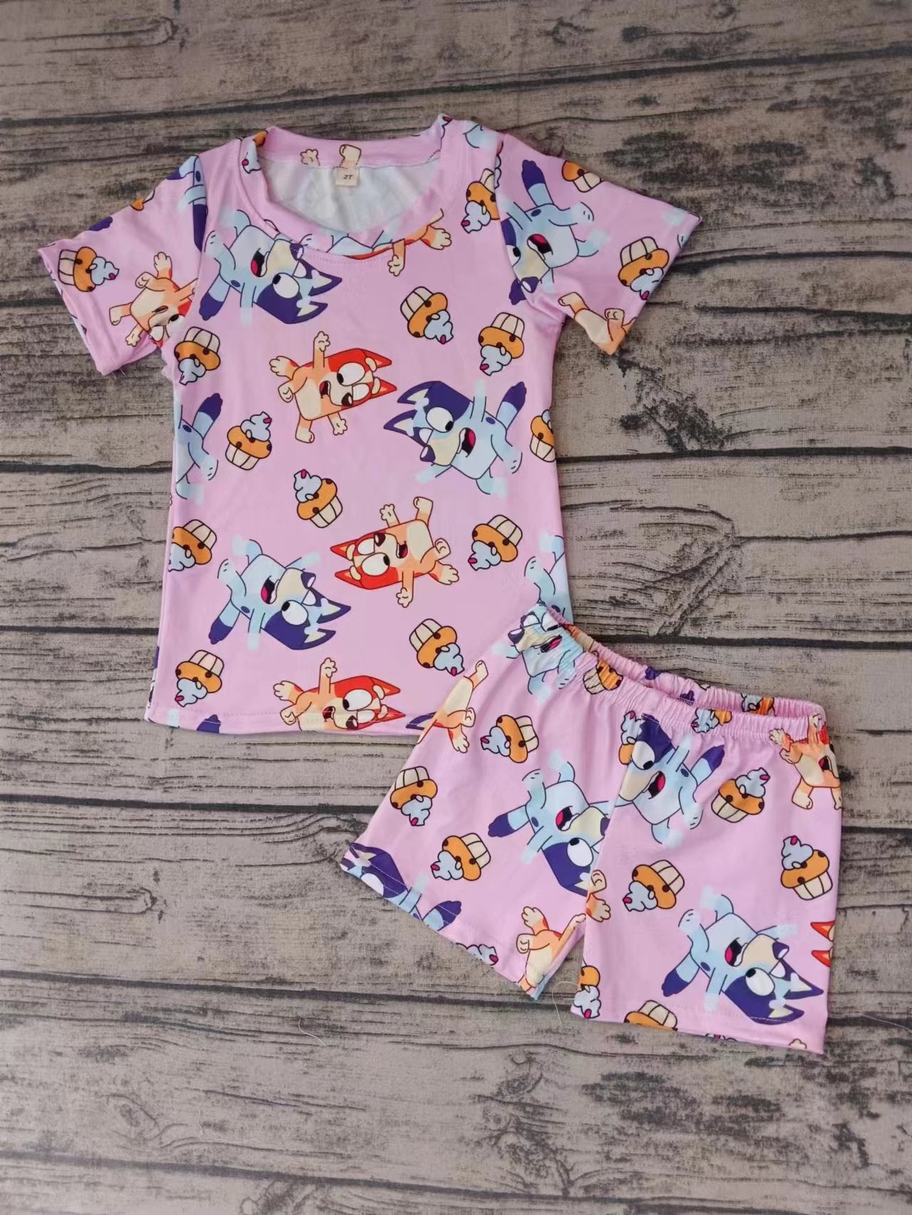 (Custom Design Preorder MOQ 5)  Cartoon Dog Print Girls Summer Pajamas Clothes Set