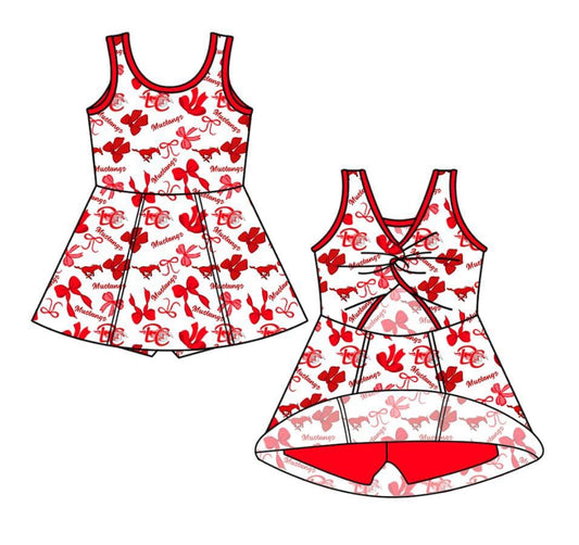 (Custom Design Preorder MOQ 5 ) Team's Horse Red Bows Print Shorts Skirts Girls Summer Yoga Dress