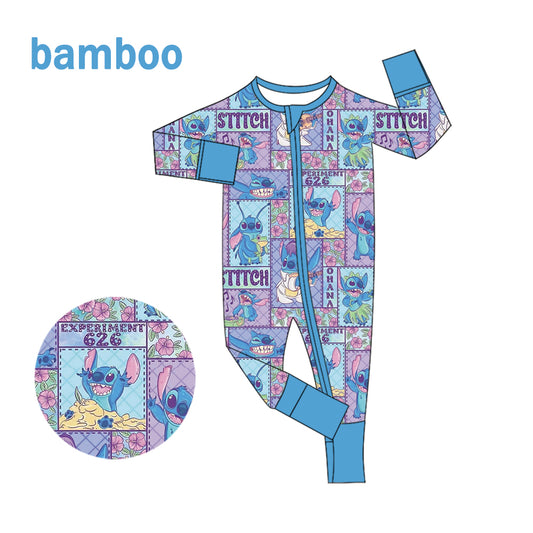(Custom Design Preorder MOQ 20) Cartoon Stitc* Blue Print Baby Girls Long Sleeve Bamboo Sleeper Zipper Romper