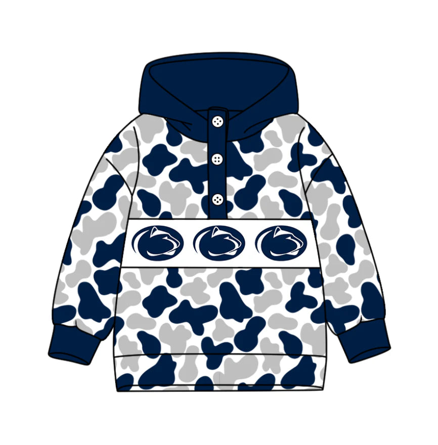 (Custom Design Preorder MOQ 5) Team's Nittany Lions Camo Print Kids Long Sleeve Buttons Hoodie Top