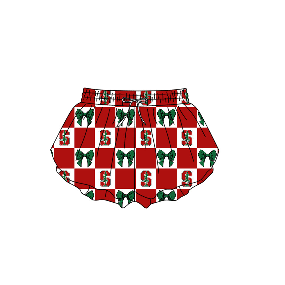 (Custom Design Preorder MOQ 5 Each Color) Team's Stanford Cardinal Bows Plaid Print Girls Summer Clothes Sisters Matching Wear