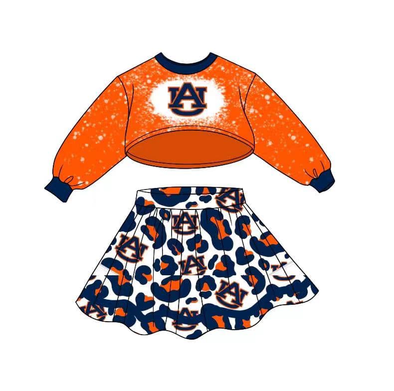 (Custom Design MOQ 5) Orange Long Sleeve Top Leopard Skirts Girls Football Team's Clothes Set